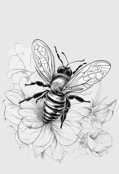 A bee，Hand-drawn line drawings，black and white colors，Ultra-clear details，超高分辨率，Guochao style，transparent background，16K