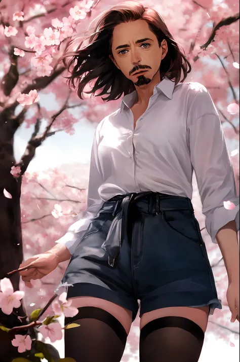 Robert Downey as a 16 year old girl, large loose plain shirt, tiny shorts, black tights to the waist, exposed thighs, very fair skin, Robert Downeys haircut, Mustache and goatee, Saolin temple, cherry blossom, Lighting indirect, volumetric light, hyper-det...