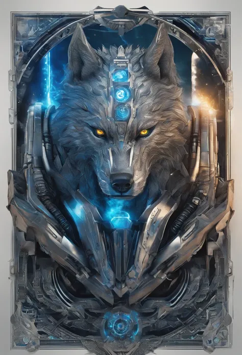 top-quality, Dramatic Writing,Blue glowing eyeballs， menacing pose, fierce look, epic atmosphere, (((Helmet in the shape of a wolfs head))), (((Full body shot))),Metal Wolf, cyborgs, Cyberpunk style, Clockwork, ((Intricate details)), nffsw, ((Intricate det...