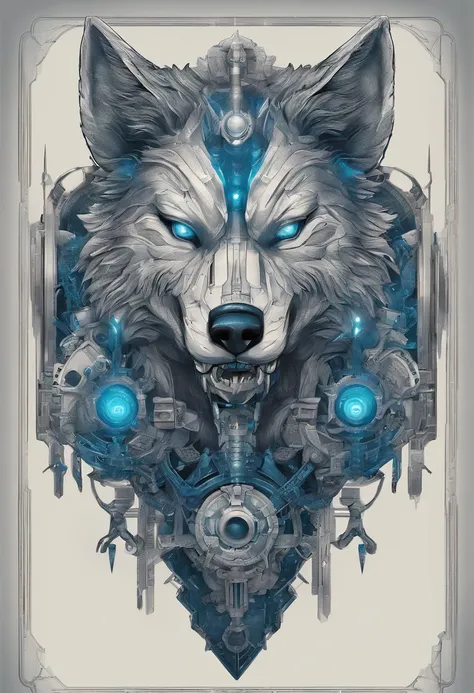 top-quality, Dramatic Writing,Blue glowing eyeballs， menacing pose, fierce look, epic atmosphere, (((Helmet in the shape of a wolfs head))), (((Full body shot))),Metal Wolf, cyborgs, Cyberpunk style, Clockwork, ((Intricate details)), nffsw, ((Intricate det...