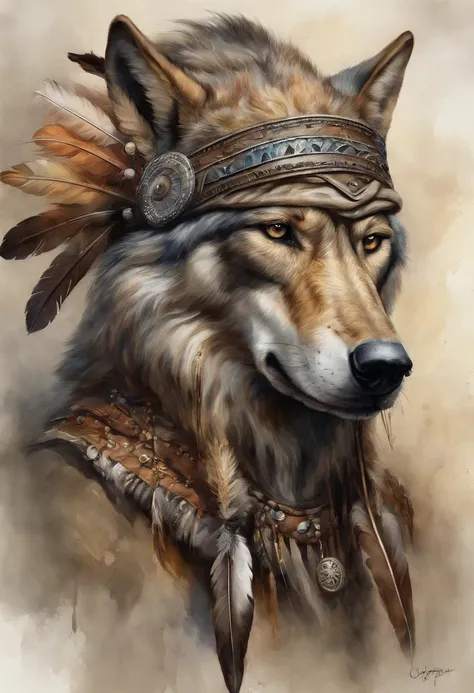 HighestQuali, Dramatic lighting, menacing posture, Fierce expression, Epic atmosphere, (((Wolf head shaped Indian feather hat))), (((Full body shot))),Wolves made of metal, Cyborg, Cyberpunk Style, Clockwork, ((Intricate details)), hdr, ((Intricate details...