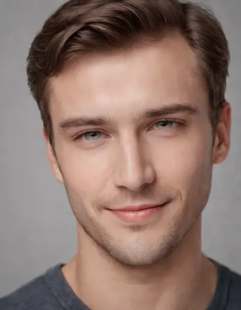 (Photo: 1.3) af (Reality: 1.3), Caucasian man soft light, clear face, happy, cheerful, smiling, warm light, t-shirt, ((off-white background)), ((off-white background)). ((grey wall background)) avatar, (long or short hair), smile, handsome, young,, short h...