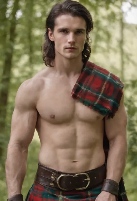 young handsome scottish medieval man, 25 years old, topless, in tartan kilt, dynamic pose, lean and fit, nice biceps, long black hair, fit, malignant, wicked, badass