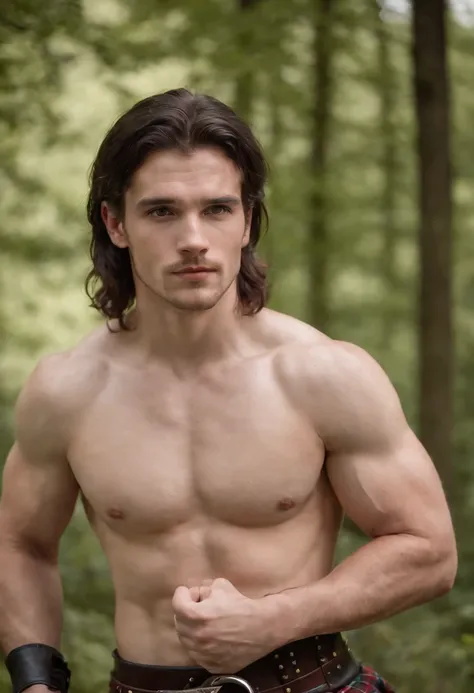 young handsome scottish medieval man, 25 years old, topless, in tartan kilt, dynamic pose, lean and fit, nice biceps, long black hair, fit, malignant, wicked, badass