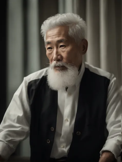 Cinematic portrait , An 80-year-old Asian male,Thin and thin, (80 years:1.1), (shaved pubic hair:1.2), (very short white hair，A little curly:1.5),(Long beard:1.6).Dark coat, white  shirt . Minimalist background, Own composition, detalhe poderoso, Autumn ba...