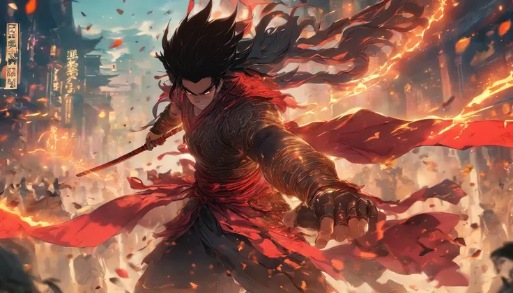 中景 the scene is，Chinese ink style，Smudge, 1 handsome boy, Black Hair, Red glowing eyes, Crazy smile, Wielding a sword，Dark，Flowing and chic，Ancient armor，Combat boots，（Full body like：1.5），Changan Avenue，ventania，8K，（（super-fine）），Hyper-realistic，（（（OC rend...