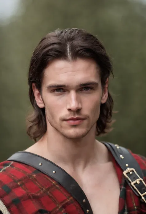 very handsome face, young handsome scottish medieval man, 25 years old, topless, in tartan kilt, dynamic pose, lean and fit, nice biceps, long black hair, fit, stormy background