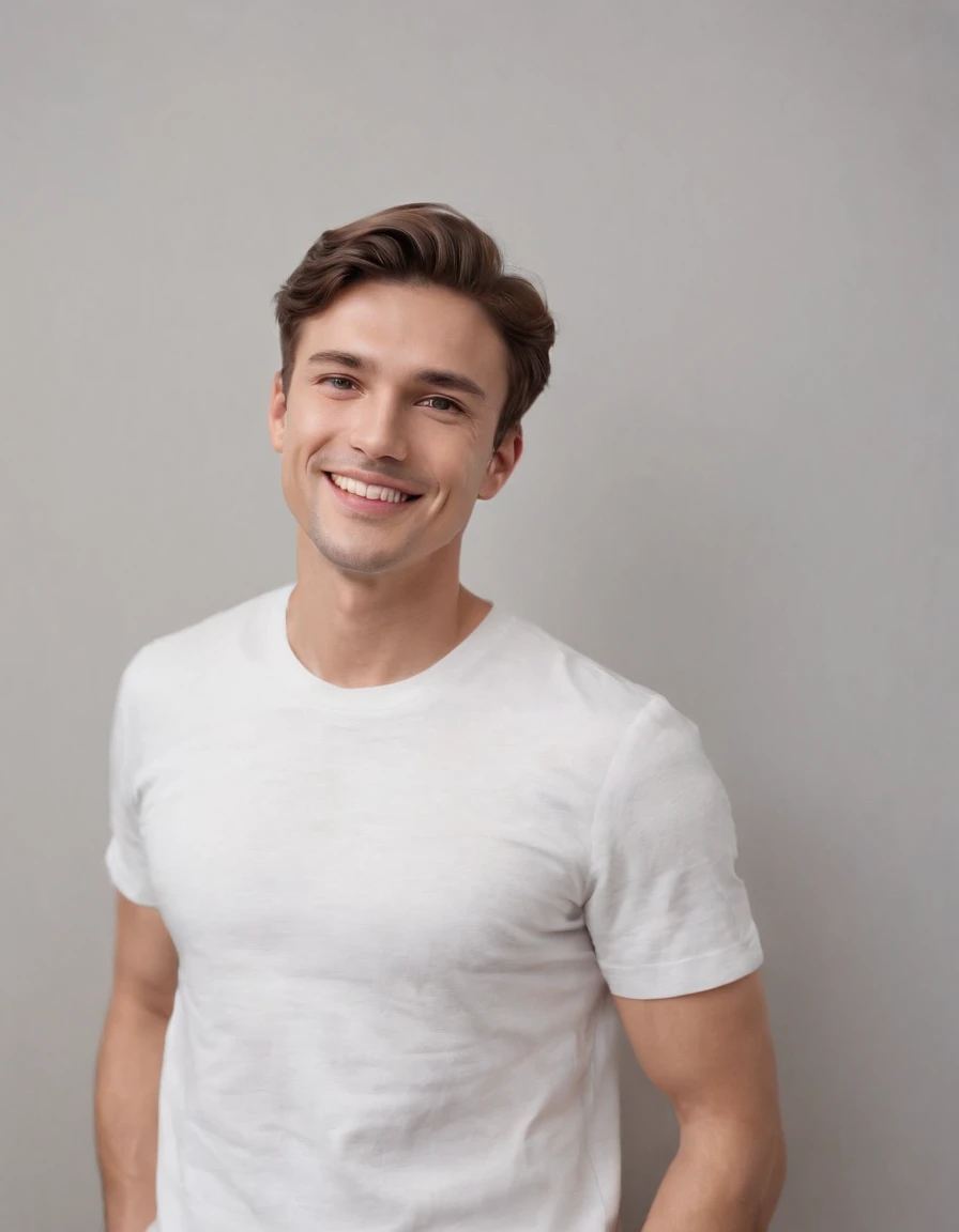 (photo: 1.3) af (photorealism: 1.3), caucasian man soft light, clear face, happy, cheerful, smiling, warm light, white t-shirt, ((off-white background)), ((off-white background)) . ((grey wall background)) avatar, (long or short hair), smile, handsome, you...