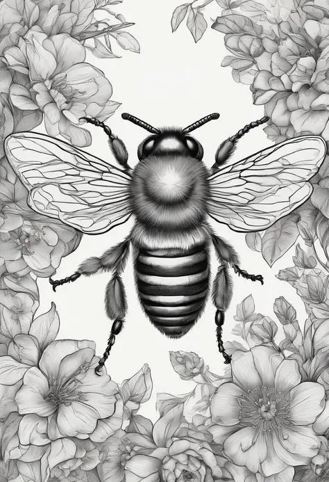 A picture of a bee，It has flowers and leaves on it, Highly detailed illustration, highly detailed ink illustration, highly detailed drawing, detailed ink illustration, Highly detailed illustration.”, highly detailed sketch, highly detailed linework, highly...