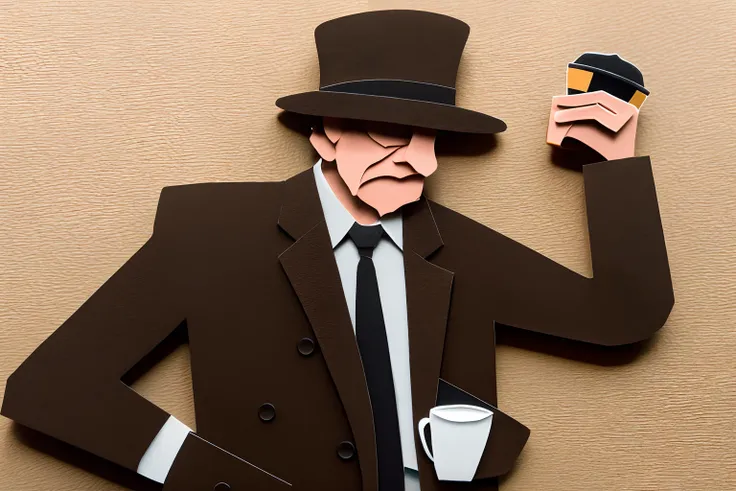 hard-boiled, nihilism, 1 male with hat and coffee, sit on chair, profile, suit, tie, paper-cut craft of sepia color, black, black brown, dark brown, intricate detailed, highest quality, meticulously detailed, physically based rendering,