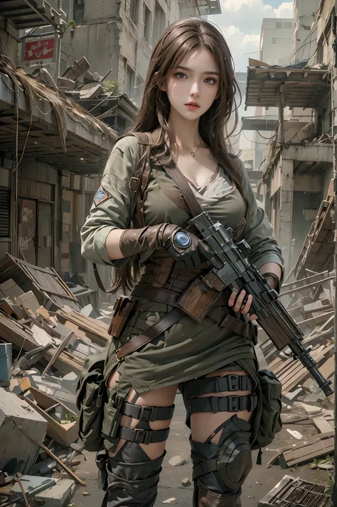 photorealistic, high resolution, 1 women, solo, hips up, look at viewer, (detailed face), brown hair, long hair, innocent blue eyes, super detailed face, 8k ultra detailed, soldier girl, weapon, black custom