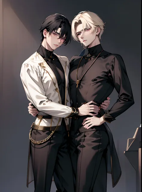 (high quality, ultra realistic) Two men embracing, man 1 with black hair, man 2 with blonde hair, wearing traditional Russian clothing