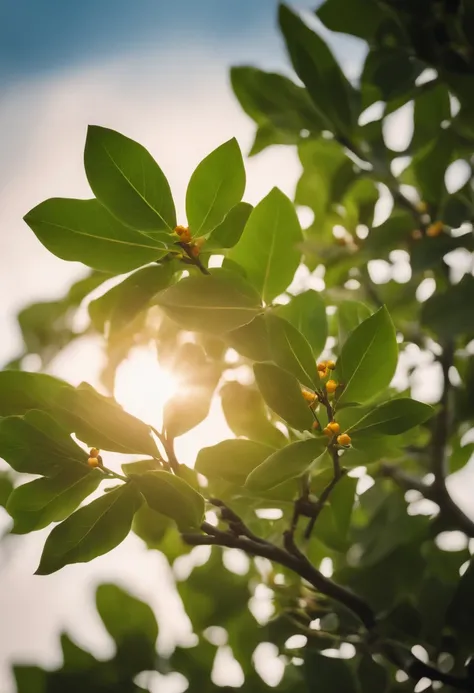 Beautiful sun，an osmanthus tree，Blue sky，Green leaves，Faraway view