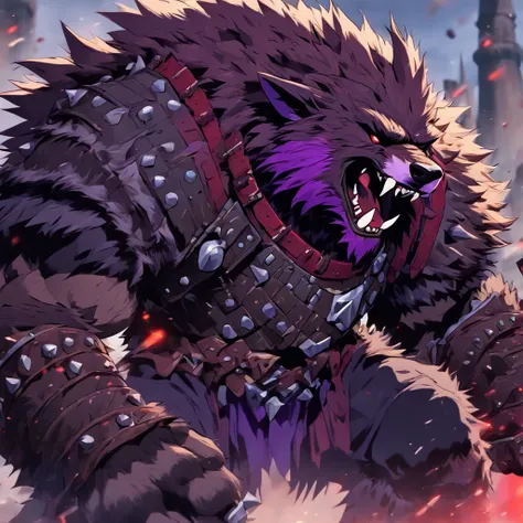 Gnoll, dark grey and purple fur with red spiked armor, using a giant cannon of doom, masterpiece, best quality