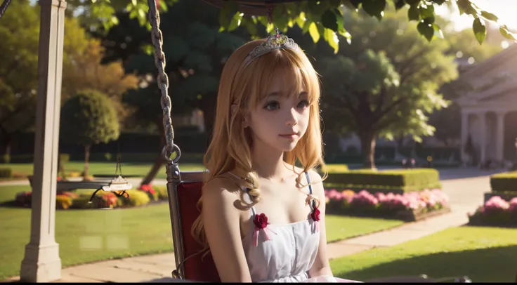 Masterpiece, photography, realistic, 1girl, swing, (sitting in the swing), devine light, cloud, flower garden, (paradise flower), ((full body shot)), ((beautiful leg)), (tiara), ((beautiful face)), ((innocent smile)), ((calm eyes)),