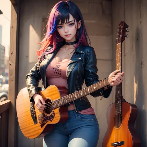 girl with、Carry the guitar on your back、leather jackets、jeans、a smile、a beauty girl、multicolored hair、top-quality、Long、huge tit、modeled、Excellent style、HD Images、hyperdetailed face、super-detaild skin、Beautie、Perfect facial features、blue eyess、