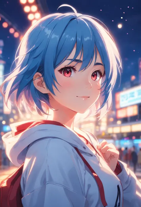 masterpiece, best quality, 1girl, upper body, ((looking at viewer)), beautiful eyes, beautiful lips, smiling to viewer, United States of America (USA) theme, American style, wearing clothes with USA flag, blue hair, white hoodie with red, stars on hoodie, ...