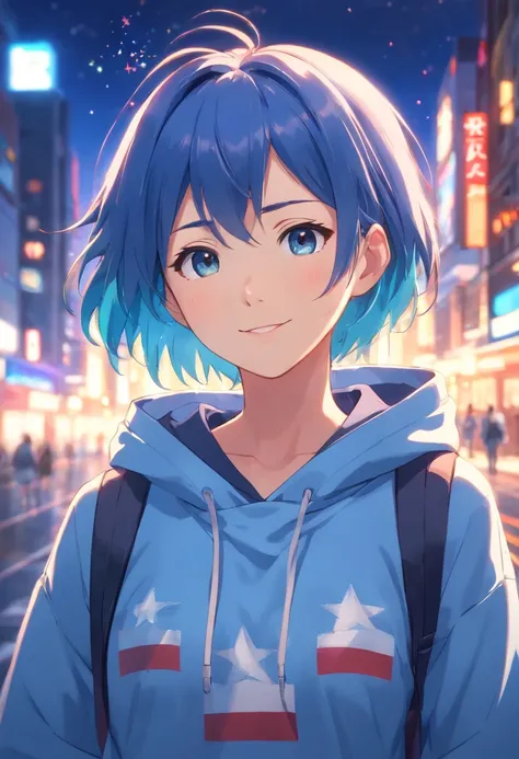 masterpiece, best quality, 1girl, upper body, ((looking at viewer)), beautiful eyes, beautiful lips, smiling to viewer, United States of America (USA) theme, American style, wearing clothes with USA flag, blue hair, white hoodie with red, stars on hoodie, ...