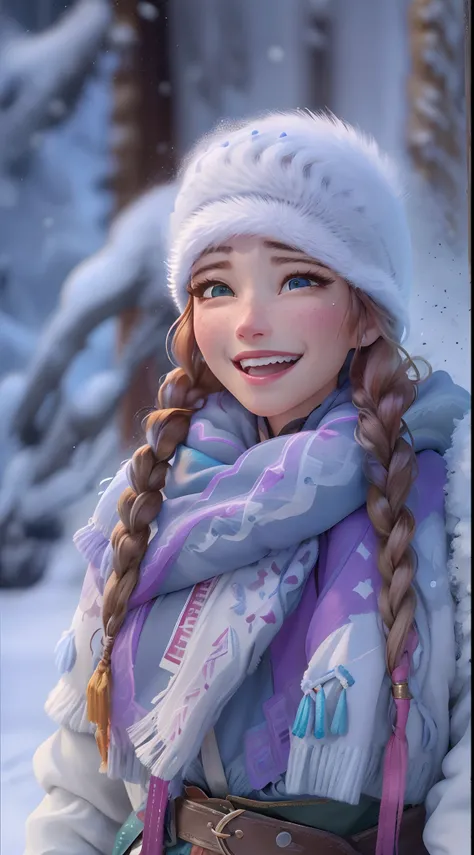 (obra maestra:1.4), (mejor calidad:1.4), (High resolution:1.4), 
Ana de Arendelle,congelado,Reinado del hielo, Purple cap, trenzas gemelas, Winter Mountain Costume,
Outdoos, hielo, invierno, nieve, bosque,
mirando al espectador, They are smiling, fotorreal...