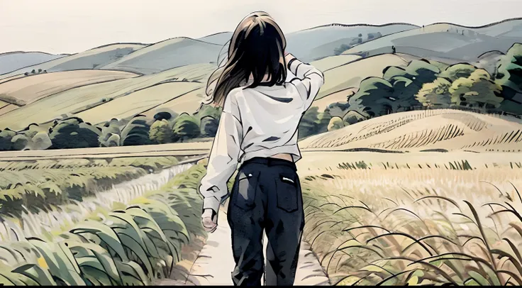 a girl，Turn Back，wave her hand，wheat field，Wearing a white shirt and black Pants，white shoes，Best possible quality，(prospect)