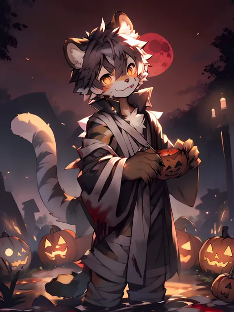 Masterpiece, Best quality, Bright eyes, (Fluffy, coyote,Mummy costume, Multicolored fur, Solo, Claws, Lick lip, blood in face, Halloween, Jack-o-lantern, Night, Blood Moon，Full body photo，Naked，bandagens，male people，Boy(author：Puinki,By Artists:1.2),(autho...