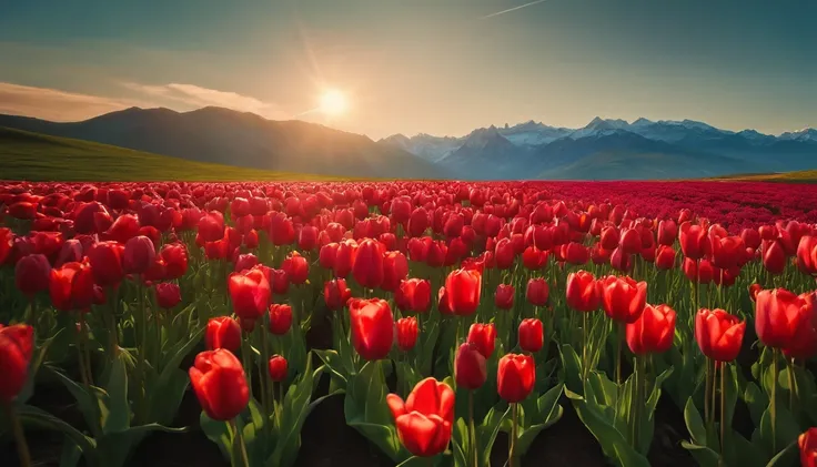 A small amount of tulip flowers in the foreground，Medium green meadow，The vista is mountains, The blue sky is white, Then go，Natural light at noon，C4D style，Masterpiece，8K