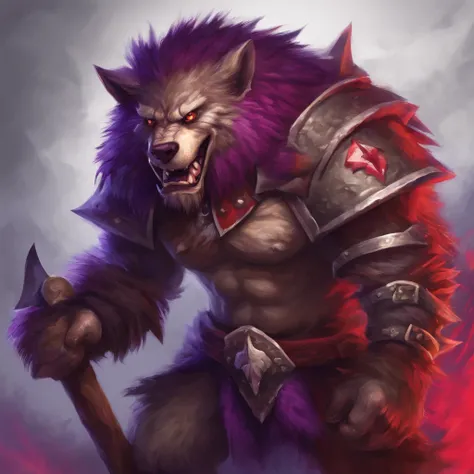 Gnoll, dark grey and purple fur with red spiked armor, using a giant cannon of doom, masterpiece, best quality