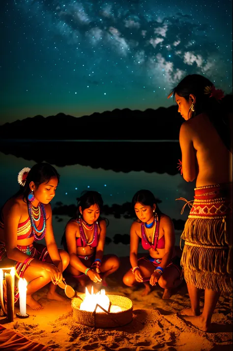 people from the maya tribe making rituals on the beach, at night ,cinematic art, cinematic vibes, cinematic atmospher