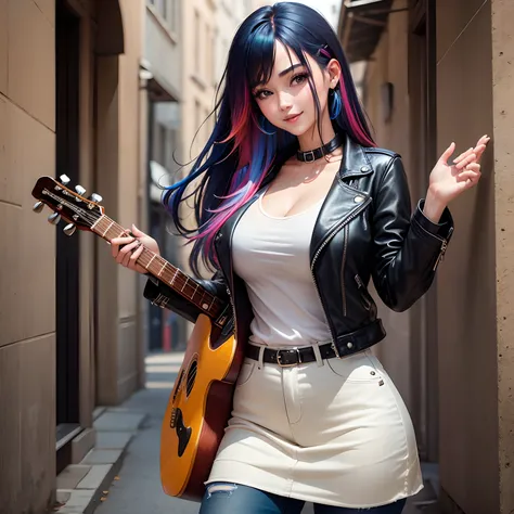 girl with、Carry the guitar on your back、leather jackets、jeans、a smile、a beauty girl、multicolored hair、top-quality、Long、huge tit、modeled、Excellent style、HD Images、hyperdetailed face、super-detaild skin