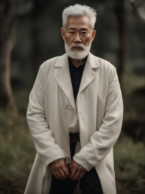 Cinematic portrait , Portrait of a father，Look at the viewer，Asian older males,Old man,Thin and thin, (80 years:1.1), (shaved pubic hair:1.2), (very short white hair，A little curly:1.5),(Long beard:1.6).Dark coat, white  shirt . Minimalist background, Own ...