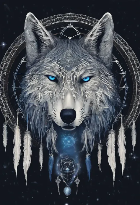 （White wolf in a circle of colorful dream catchers），"T-shirt design with circular silhouette of wolf face, Crescent, and stars in the，Blue glowing eyeballs