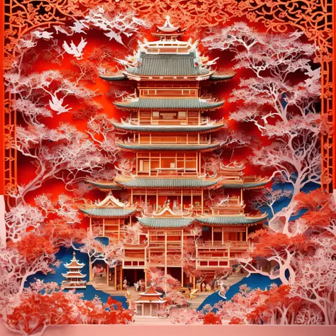 (best quality, 4k, highest, masterpiece:1.2), medium:paper-cutting , castle, colorful, traditional art, elaborate design, vivid colors, great attention to detail, bright red and gold tones, impressive architecture, exquisite paper craftsmanship, meticulous...