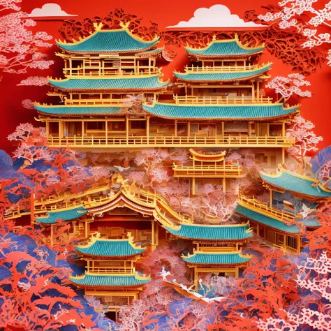 (best quality, 4k, highest, masterpiece:1.2), medium:paper-cutting , castle, colorful, traditional art, elaborate design, vivid colors, great attention to detail, bright red and gold tones, impressive architecture, exquisite paper craftsmanship, meticulous...