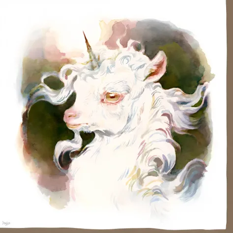 painting of a white goat with a horn and a long mane, portrait of albino mystic, white unicorn, david mack, lamb and goat fused as one, by Sam Bosma, full color illustration, by Caroline Chariot-Dayez, the devastating wise goat, a goat, a unicorn, albino m...