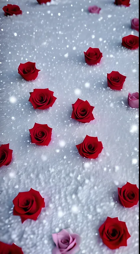 Close-up Shot Shot，A clump of roses，Heavy snow in the background。The authentic texture of the silver blanket，Aloneness，Color contrast