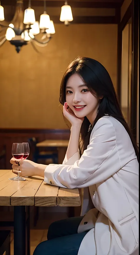 smiling woman sitting at a table with a glass of wine, gemma chen, jaeyeon nam, a young asian woman, captured on canon eos r 6, gongbi, heonhwa choe, joy ang, xintong chen, wenfei ye, taken with sony alpha 9, xision wu, louise zhang, chiho