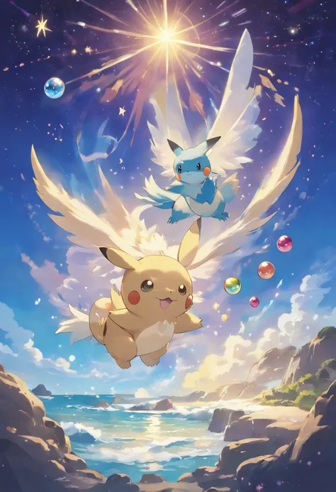 A mesmerizing tableau in ultra-high definition 3D features Lumifox, a mythical Pokémon of your imagination, perched on a cliff overlooking a starlit ocean. Lumifox, intricately designed down to the finest fur, is seen releasing tiny orbs of light from its ...