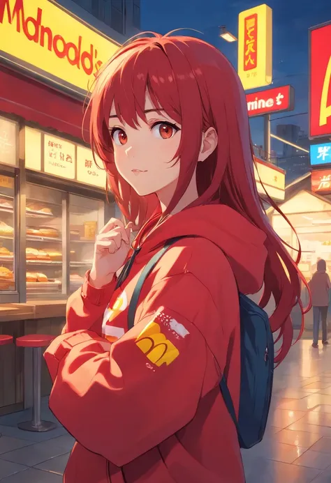 1 girl, McDonalds theme, McDonalds style, red long hair, yellow hoodie