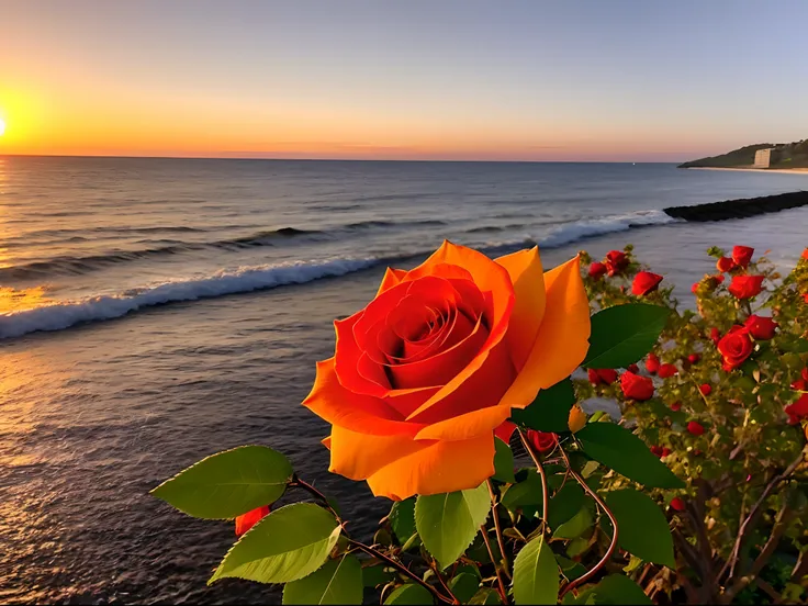 Close-up Shot Shot，Lots of roses，The background is the gorgeous sunset by the sea，Authentic texture，Warm