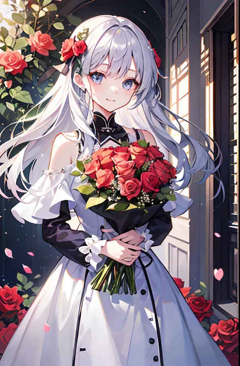 (tmasterpiece、top-quality、illustratio、Extremely high quality、high-level image quality、Extremely sensitive writing)Girl with long silver hair standing in beautiful rose garden、A slight smile、She has a big bouquet of roses，Cute Tujia style dress，There are ru...