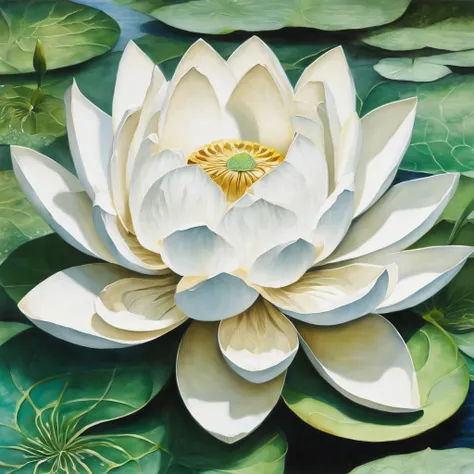 White lotus, There are green stems and leaves, On the surface of the water, ink and watercolor painting, symmetry, god rays, ray tracing, UHD, masterpiece, high details, super detail, high quality, best quality, highres, 16k