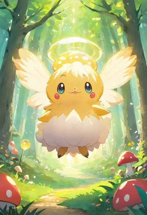 A spellbinding moment in ultra-high definition 3D showcases Fluffernox, a fictional Pokémon, nestled in a forest clearing surrounded by luminescent mushrooms. Fluffernox, artfully rendered with plush feathers and iridescent scales, is seen gently flapping ...