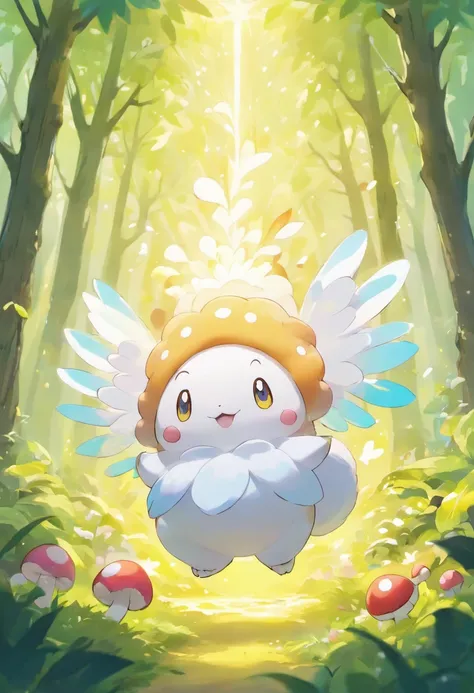 A spellbinding moment in ultra-high definition 3D showcases Fluffernox, a fictional Pokémon, nestled in a forest clearing surrounded by luminescent mushrooms. Fluffernox, artfully rendered with plush feathers and iridescent scales, is seen gently flapping ...