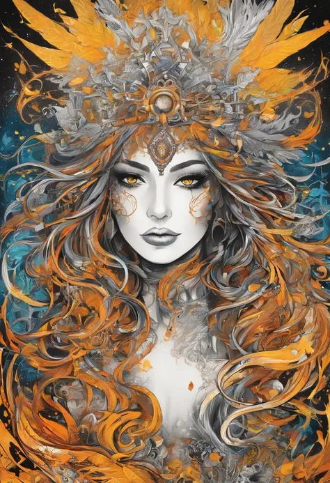 The most beautiful and sexy fire goddess, long beautiful raging flame hair made of fire, glowing yellow eyes, tons of tattoos and piercings, angel wings made of raging fire and flames, huge gigantic tits exposed, drenched in lots of cum bukkake style, in p...