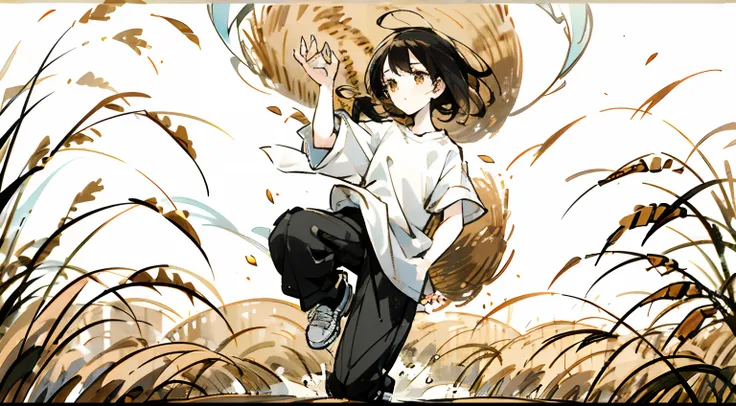 a girl，wave her hand，wheat field，Wearing a white shirt and black Pants，white shoes，Best possible quality，(prospect),tree