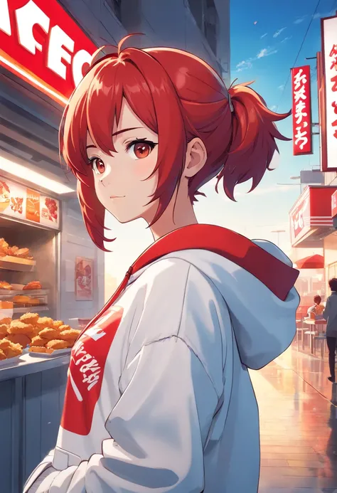 1 girl, Kentucky Fried Chicken (KFC) theme, Kentucky Fried Chicken (KFC) style, restaurant, red hair, white hoodie