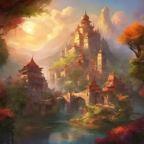 medeival fantasy town, massive city, Beautiful city with gardens, monuments, Palace and beautiful building, A magnificent city of dreams，Be Chinese。