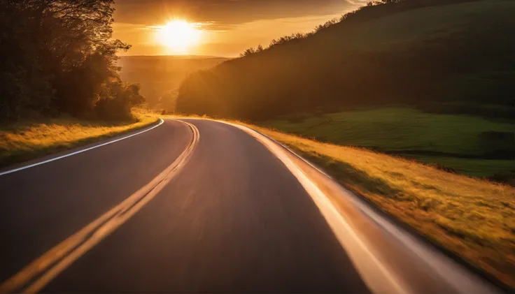 Image of a long and winding road，Bright light leading to the horizon,bright morning，suns rays