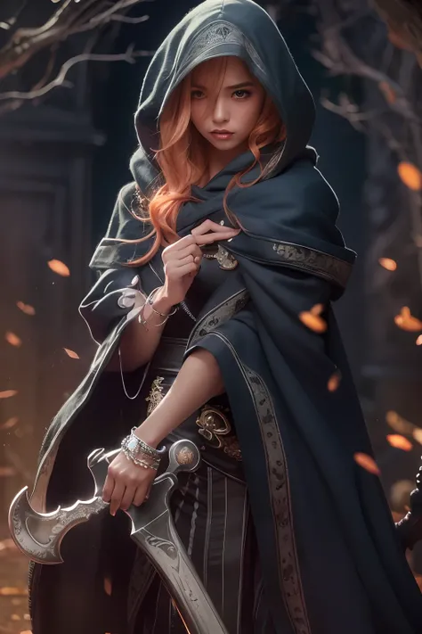 Cute hooded girl,The Grim Reaper emerges from the swirling shadows.Stand in the Cemetery of Forgotten Souls.(Female Grim Reaper Protecting a Girl from Behind:1.3,)Wielding a scythe,(Light brown and light orange striped hair:1.3,),Dark makeup,Beautiful brea...