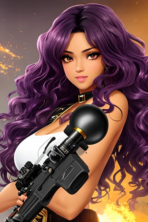 Cute girl with brown skin, Sexy body, Purple wavy curls [With a black shade], Golden eyes (Shiny), ultra-realistic eyes, With a pistol, Jumps, With sniper costumes, Fearless riot game, face round, Realistic lighting, Radio City, Close up.